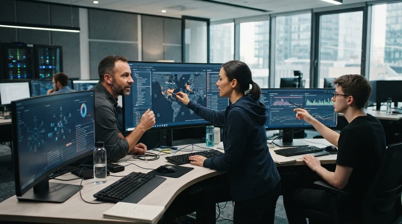 Microsoft Security Copilot Pricing for Lean SOC Teams in 2026 1 A small security team reviews alerts on computer screens in a bright office.