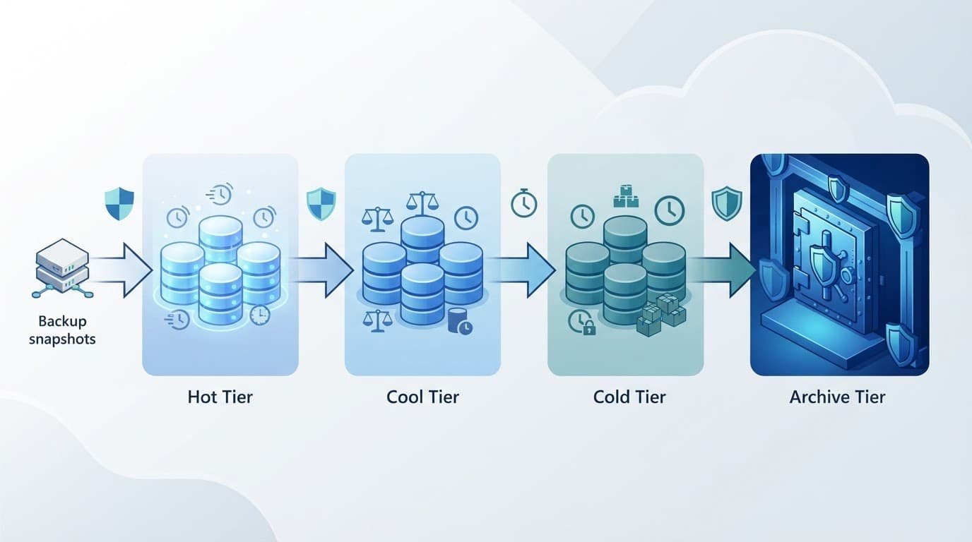 Backup snapshots move from hot storage through cool and cold tiers to a secure archive.