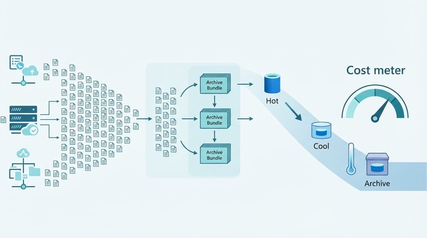 Small files merge into archive bundles before moving to tiered cloud storage.