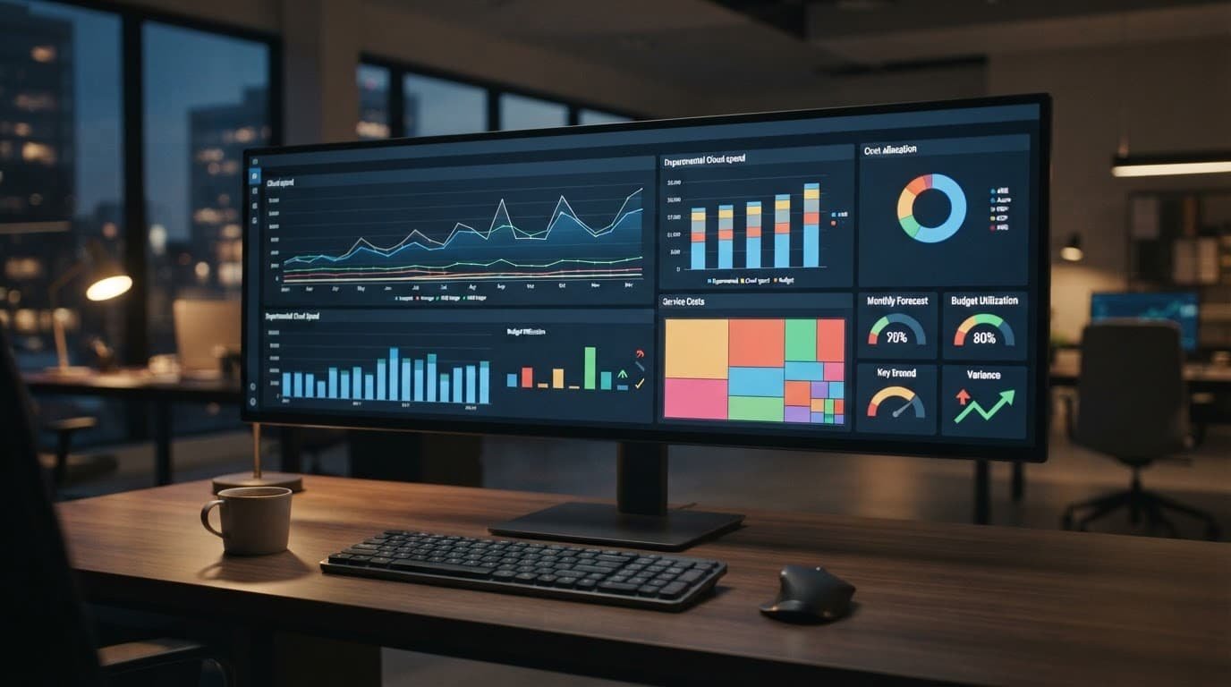 Monitor showing cloud spending charts and budget metrics on an office desk.