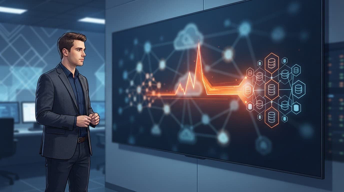 Cloud Cost Anomaly Detection Tools Compared for 2026 3 An engineer studies a wall display showing a cloud cost spike moving toward connected services.