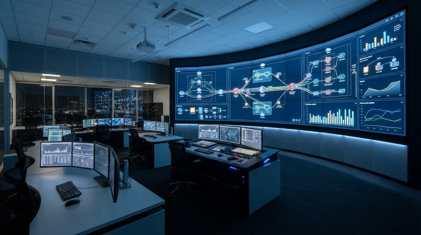 AWS Network Firewall Pricing for Multi-Account Networks 3 Sleek monitors display cloud network maps in a modern corporate control room.