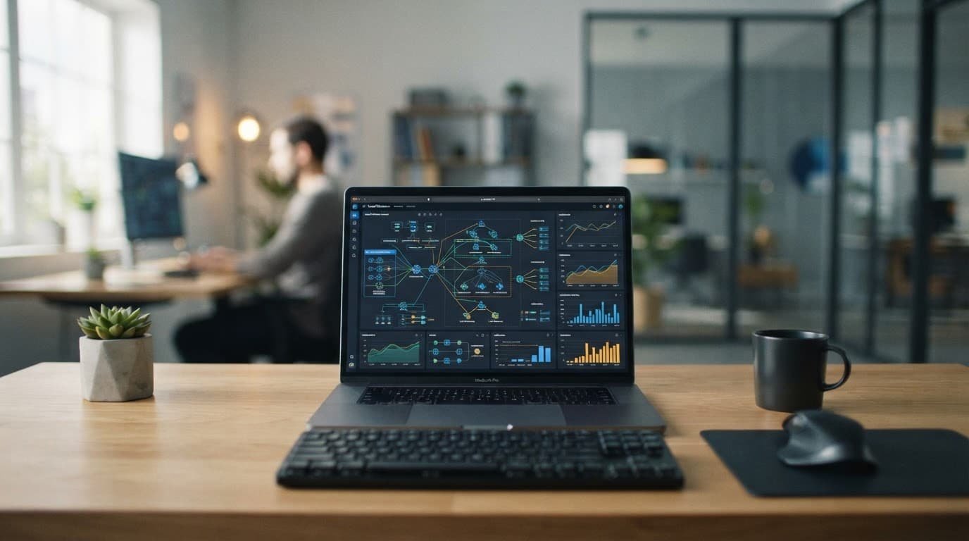 Laptop showing cloud network diagrams on a clean desk with one blurred person behind it.