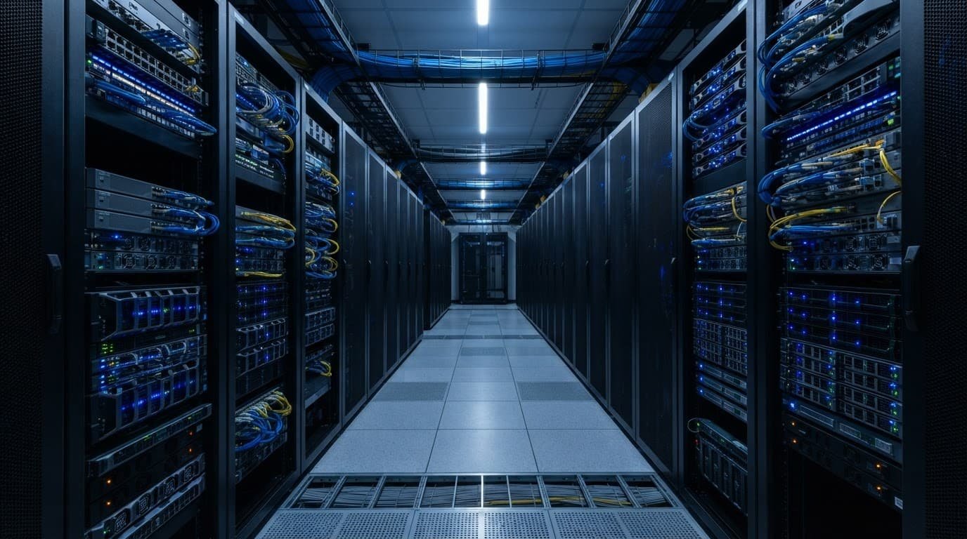Server racks with blue lights line a clean data center hallway.