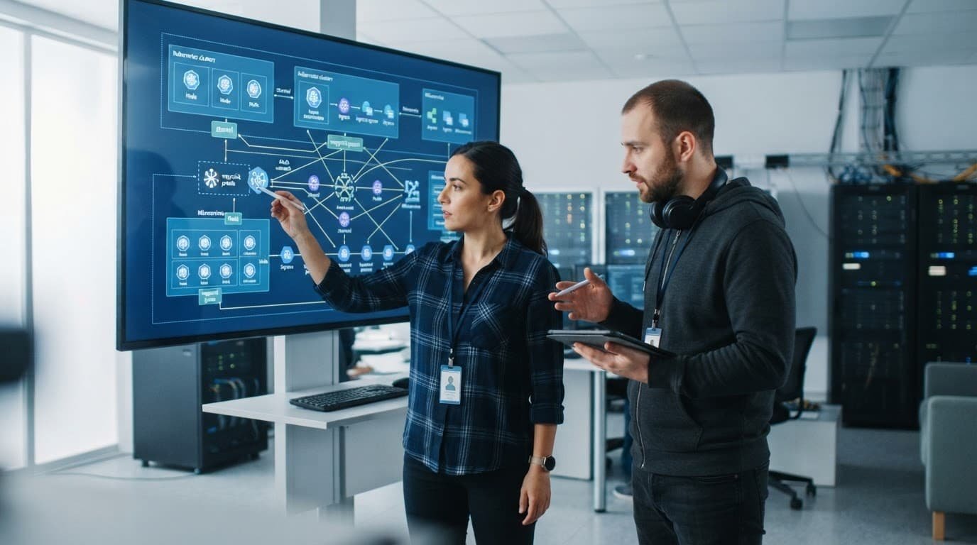 Istio Ambient Mesh Security Audit Checklist for 2026 1 Two engineers review a cloud architecture diagram on a large monitor.