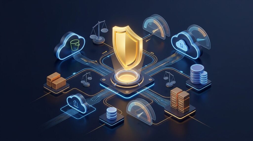 A golden shield protects connected cloud accounts and flowing data streams.