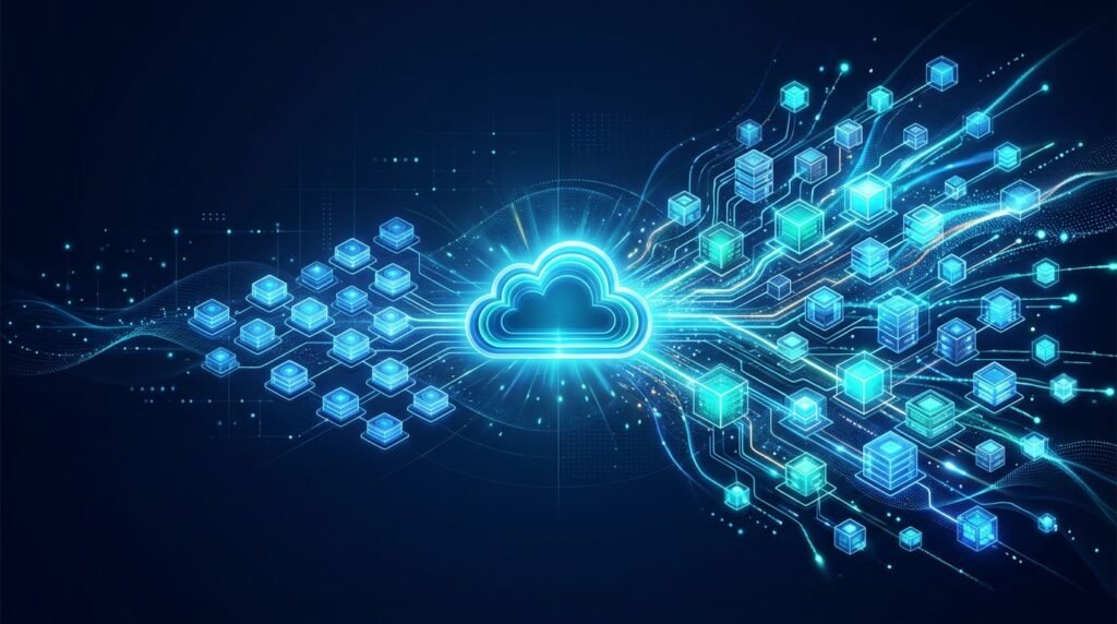 A glowing cloud database connects to expanding blue server nodes.