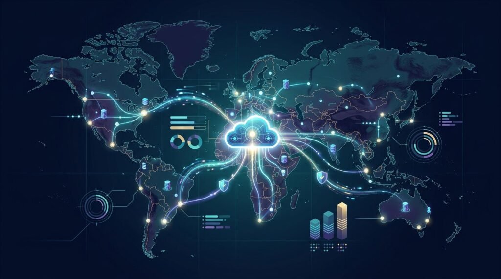 A glowing cloud hub links continents on a dark world map with data routes and server nodes.