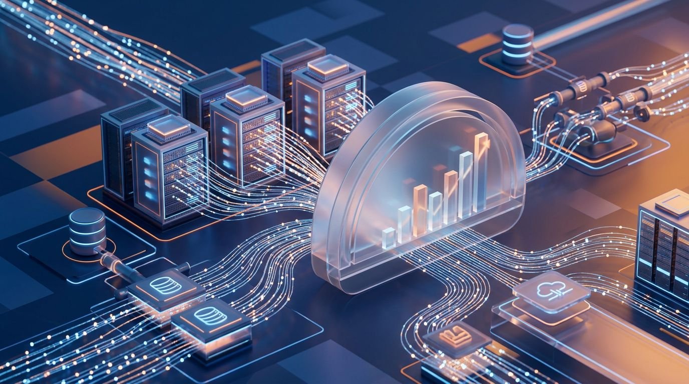 Glowing servers send digital data into a cloud cost gauge with rising bars.