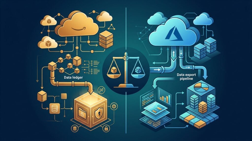 Amber and blue cloud systems flow into separate data pipelines around a central comparison symbol.