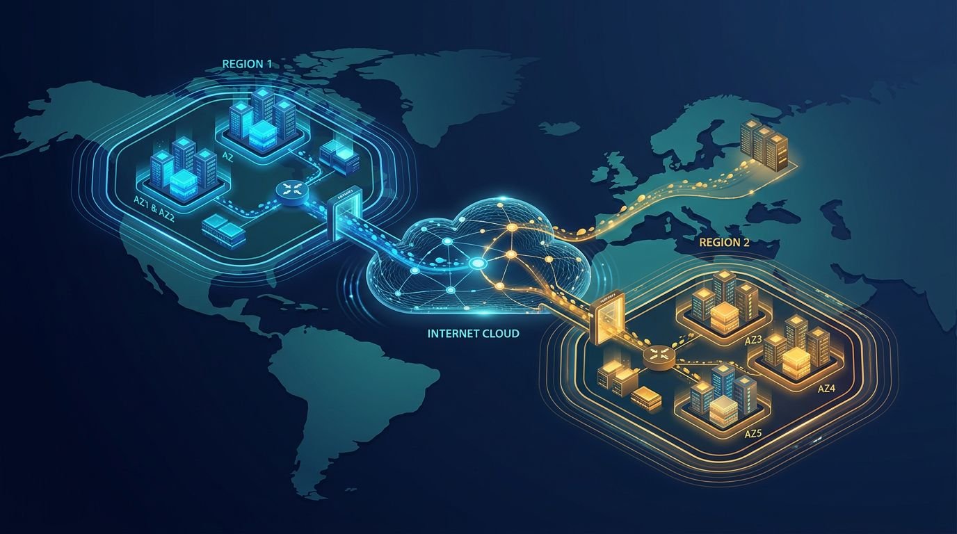Two data centers connected by colored paths in a multi-region cloud network.