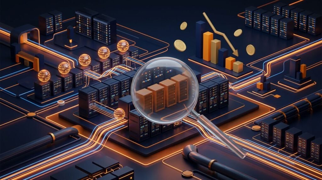Cloud servers and glowing IP spheres with a magnifying glass, coins, and a descending cost graph.