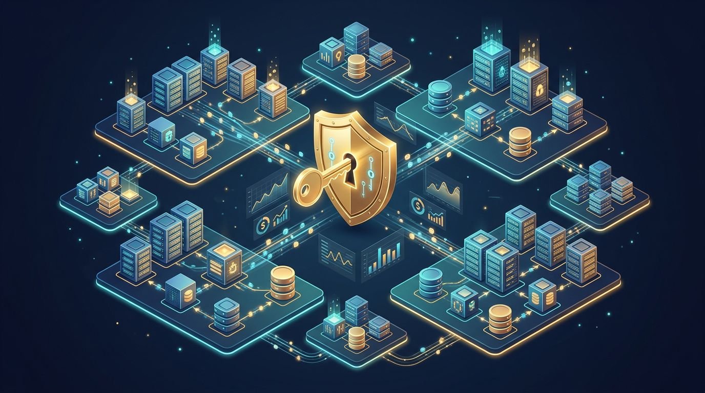 Connected cloud accounts protected by a golden key and shield.