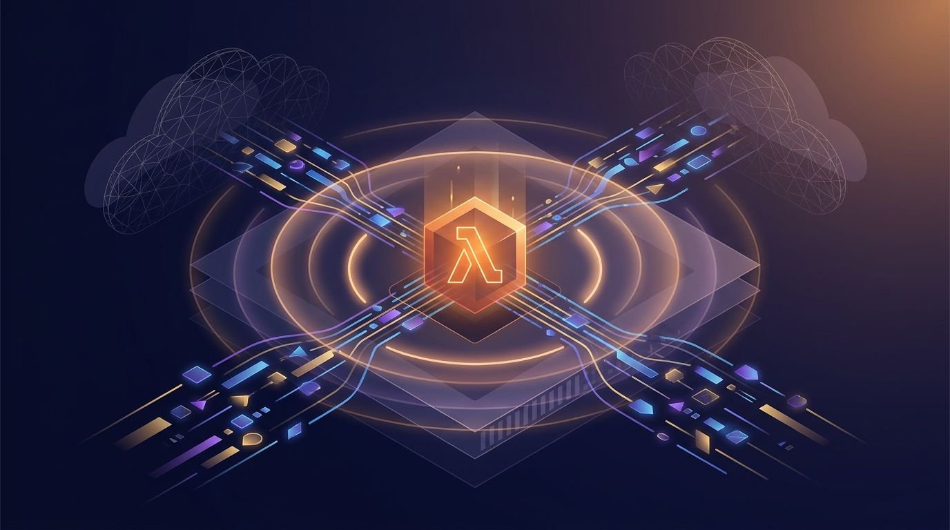 A glowing cloud node connects to data streams and expanding request pulses.