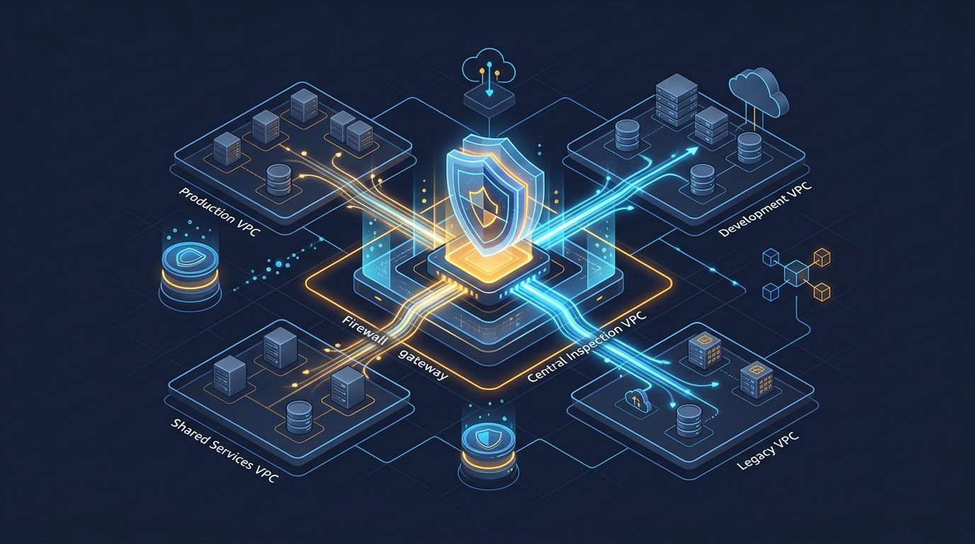 A glowing firewall hub connects cloud accounts and servers with blue and amber network lines.