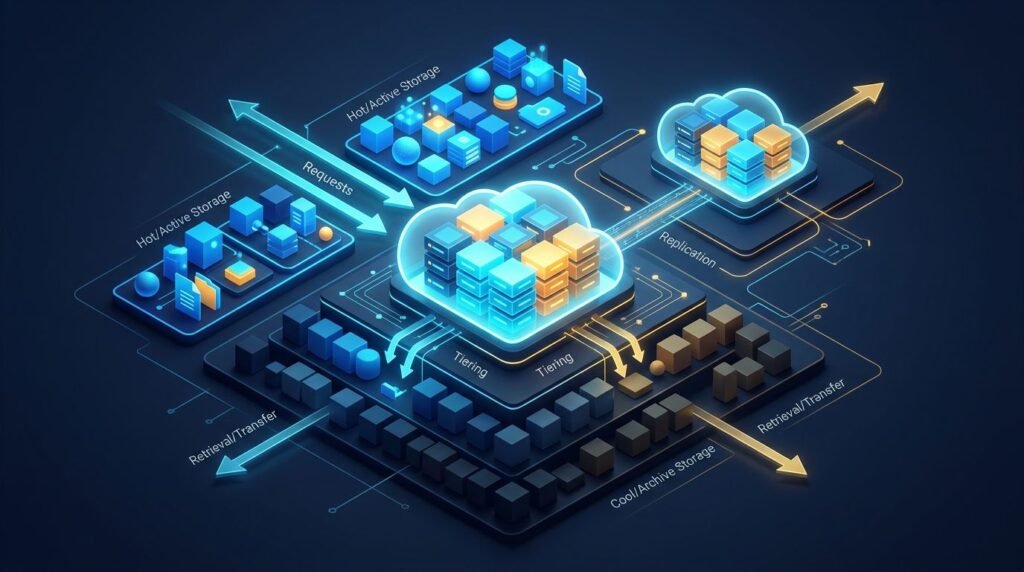 Two cloud storage vaults connect across blue and amber data tiers.