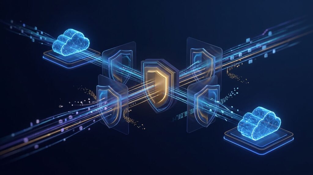 Blue traffic flows through glowing shields protecting several cloud accounts.