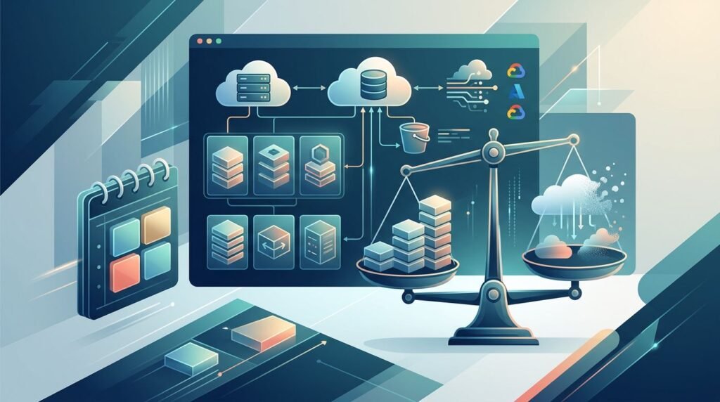 Cloud icons, commitment blocks, a quarterly calendar, and a balance scale illustrate workload planning.