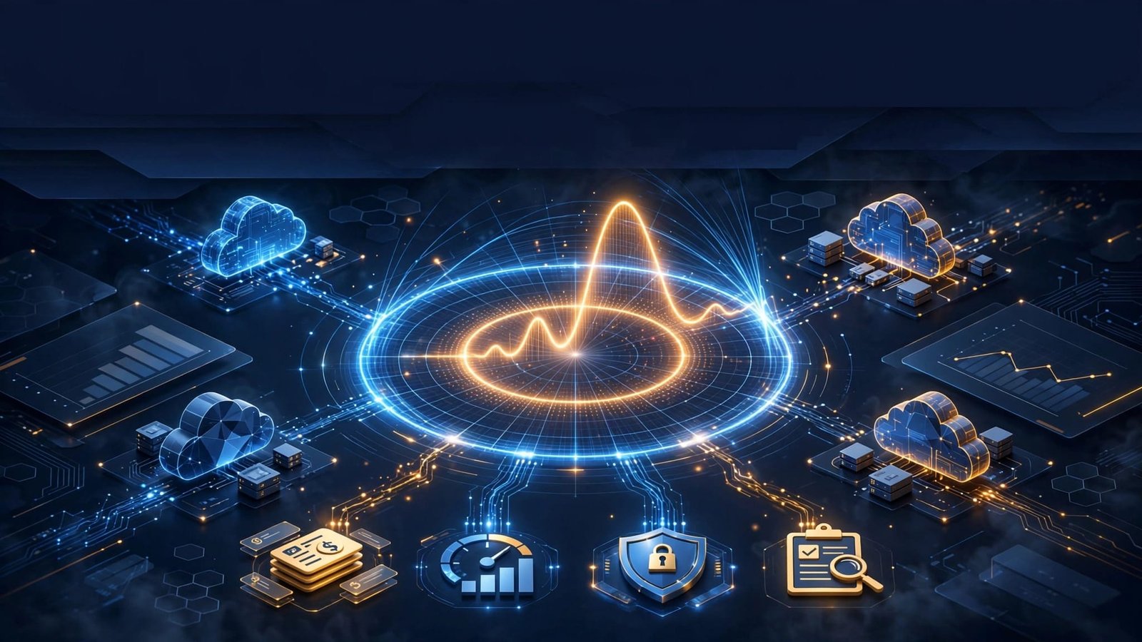 A glowing cost graph connects cloud account nodes with billing and audit icons.