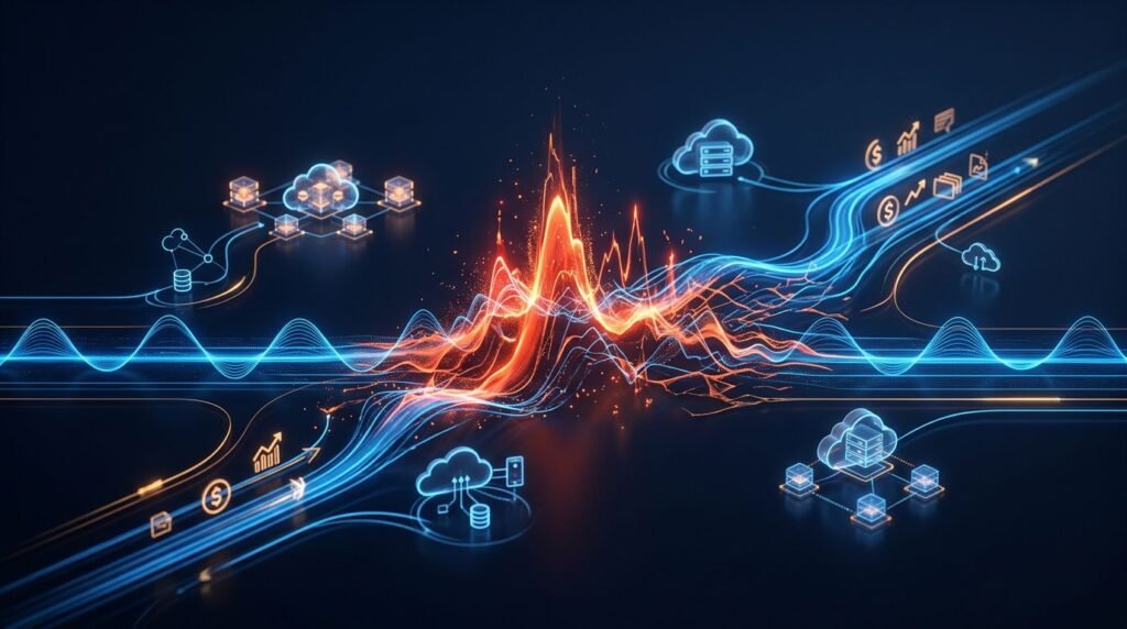 Blue cloud data streams surround a bright orange anomaly spike on a dark dashboard.