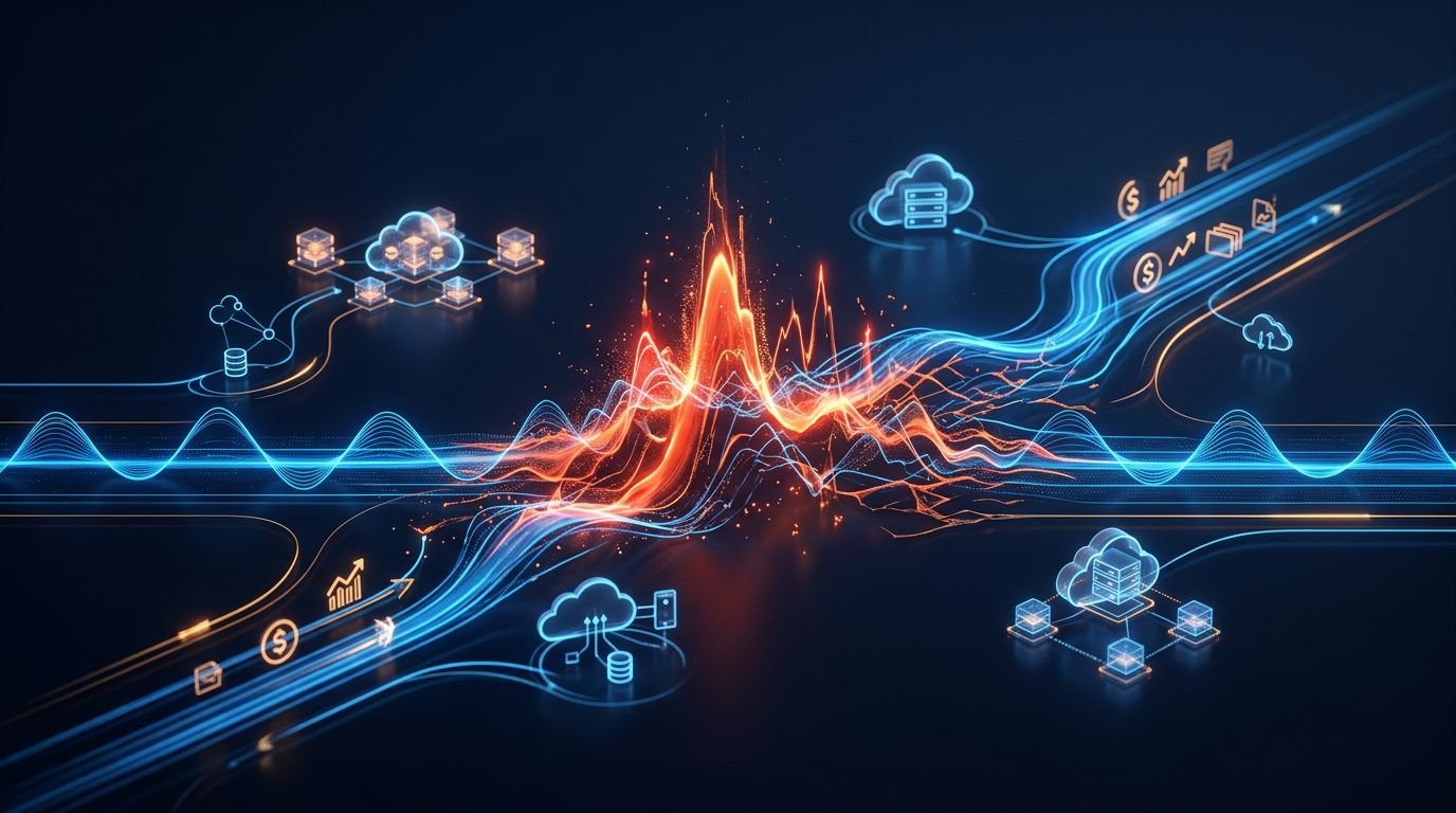 Blue cloud data streams surround a bright orange anomaly spike on a dark dashboard.