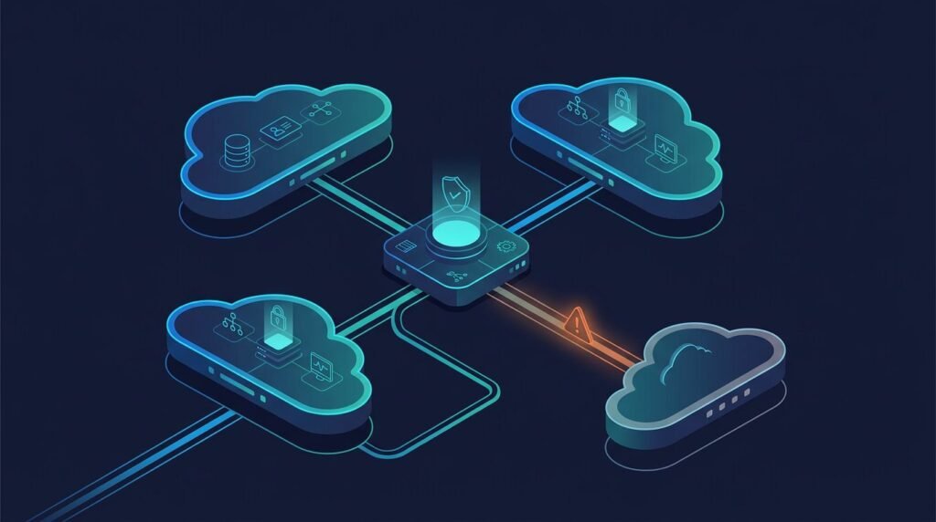 Three connected cloud platforms route data through a central hub toward a secure backup environment.