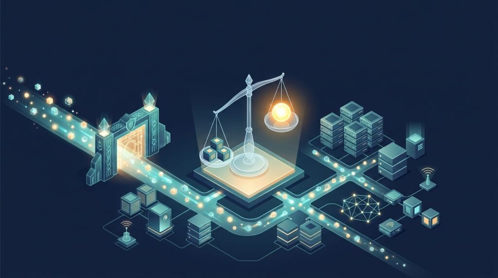 Glowing API particles pass through a gateway as a scale balances cloud infrastructure and a service token.