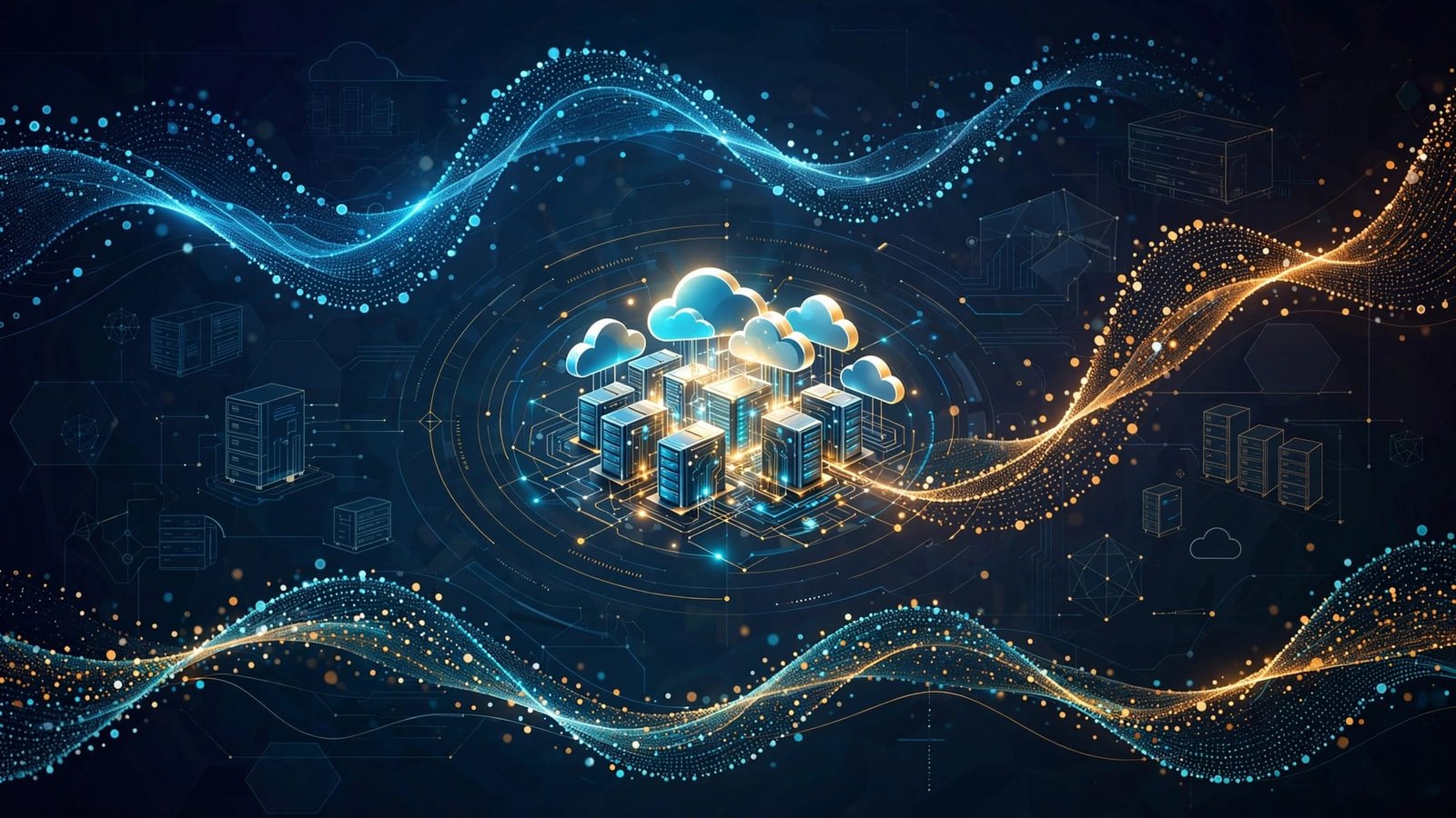 A glowing cloud server cluster surrounded by blue and amber streams forming a wave graph.