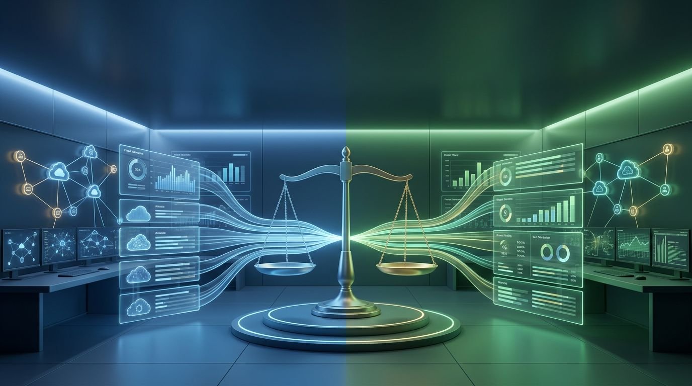 Cloud infrastructure nodes and cost streams surround a balance scale in a blue and green control room.