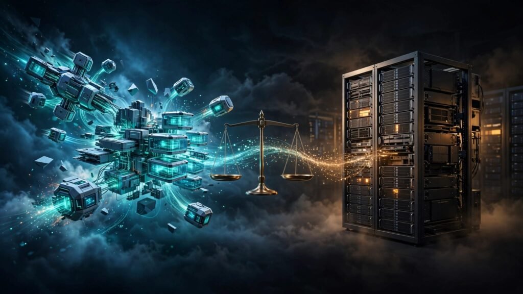 Split-screen comparison of dynamic Kubernetes nodes and rigid server racks with idle capacity.