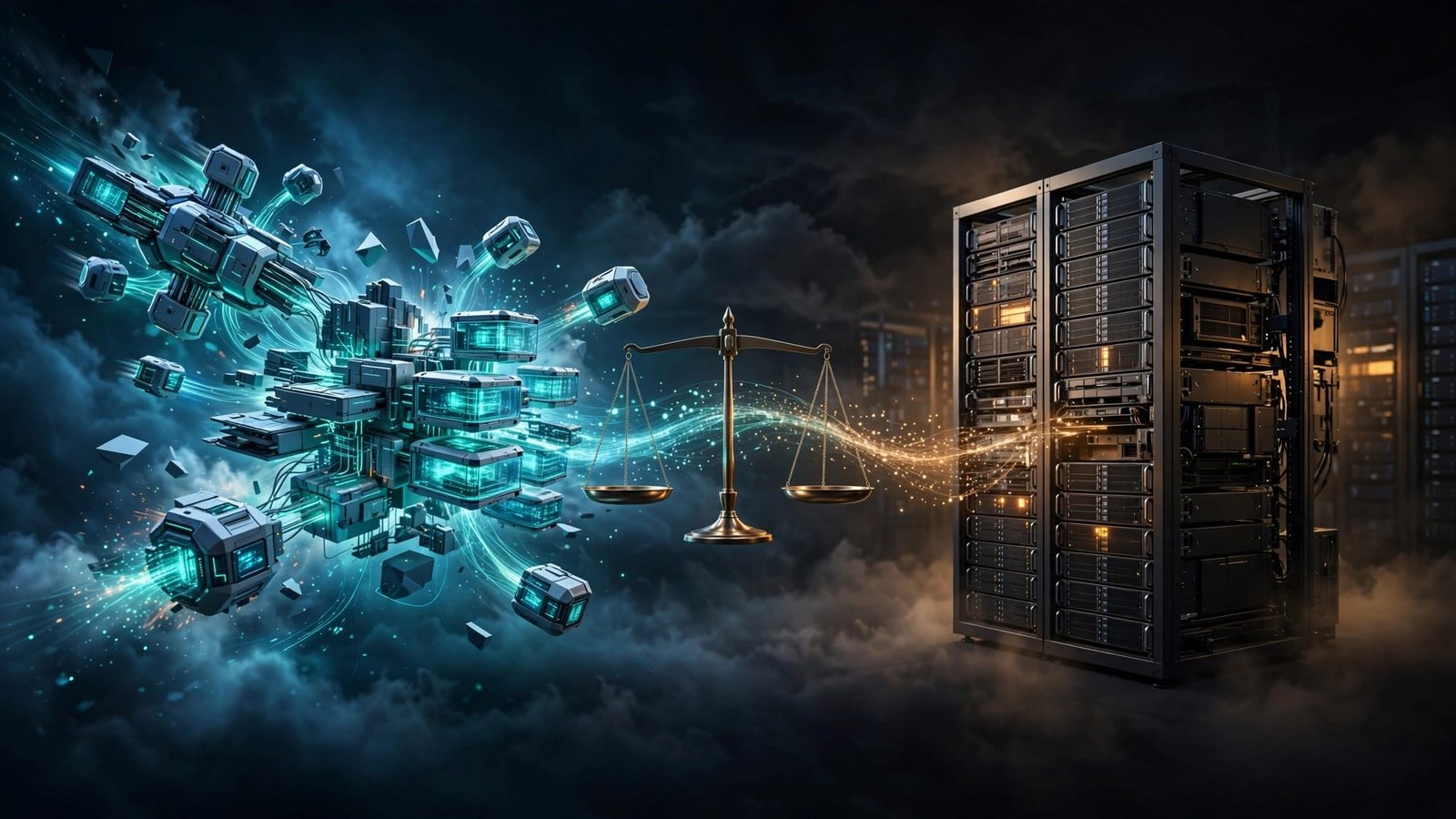 Split-screen comparison of dynamic Kubernetes nodes and rigid server racks with idle capacity.