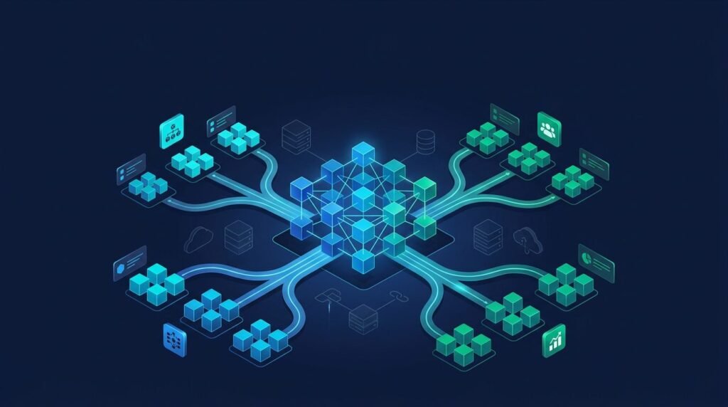 Blue and teal cubes connect to separate resource and cost nodes on a dark background.