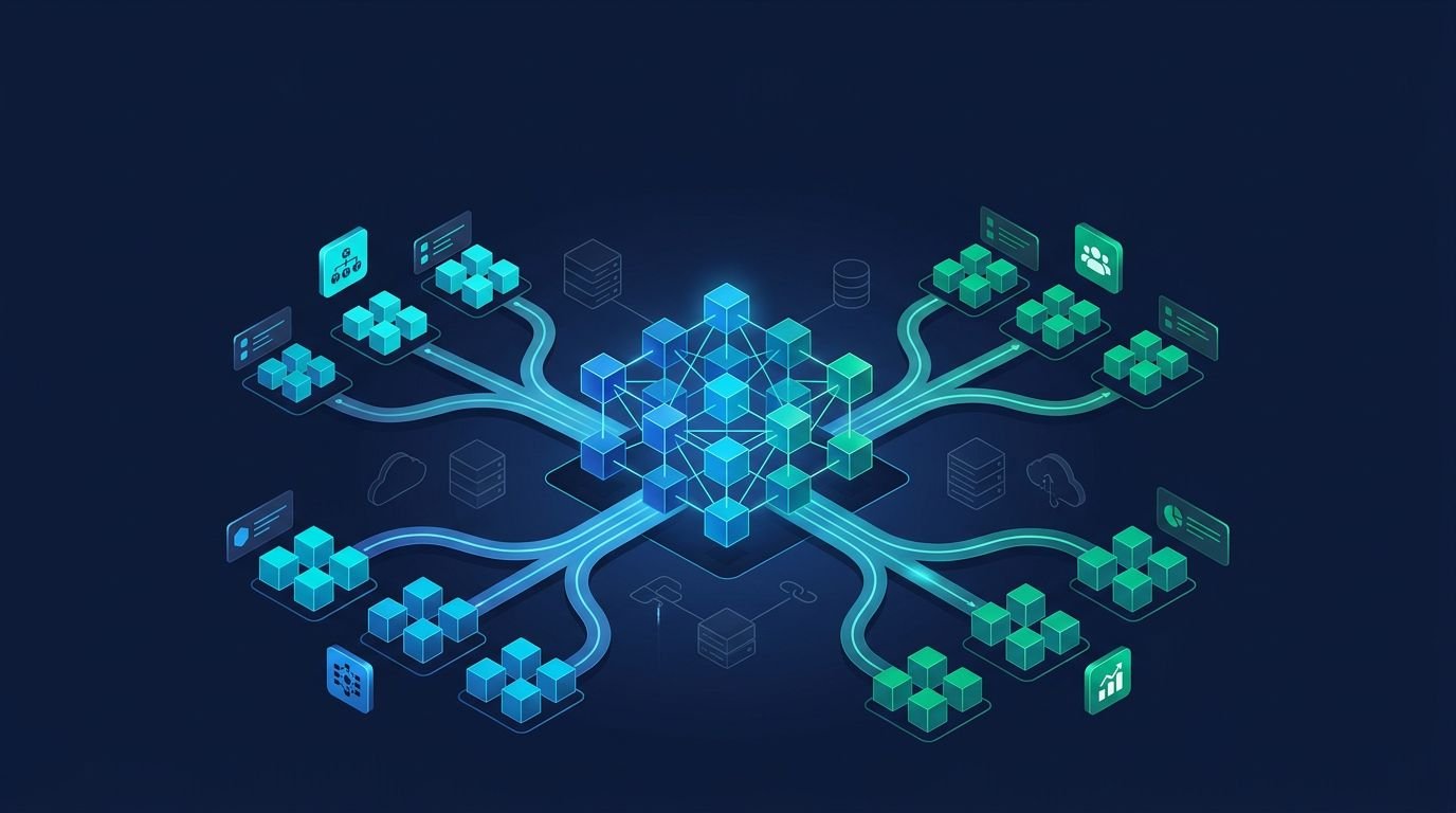 Blue and teal cubes connect to separate resource and cost nodes on a dark background.