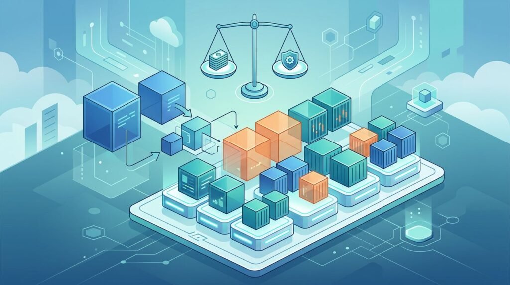 Resized container blocks fit across glowing server nodes beside balanced scales.