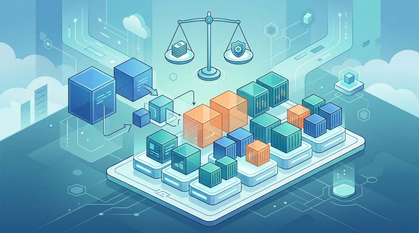 Resized container blocks fit across glowing server nodes beside balanced scales.