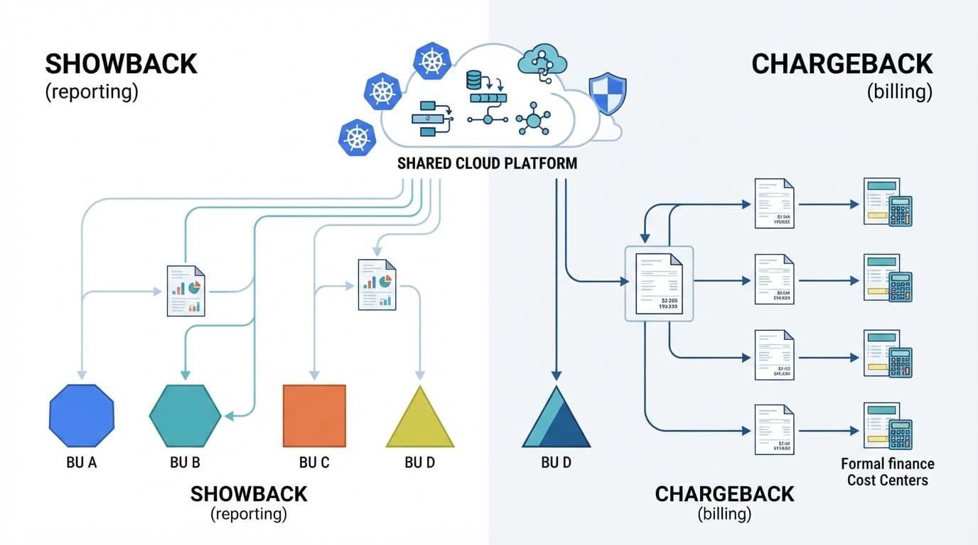 FinOps Chargeback Showback for Shared Cloud Platforms 1 Split cloud diagram showing reports to teams and invoices to finance cost centers.