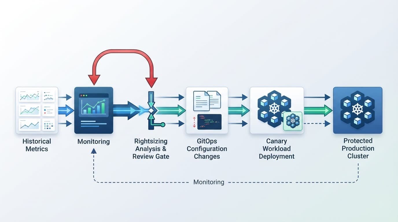 Diagram showing Kubernetes metrics moving through review, GitOps, canary, and production stages.