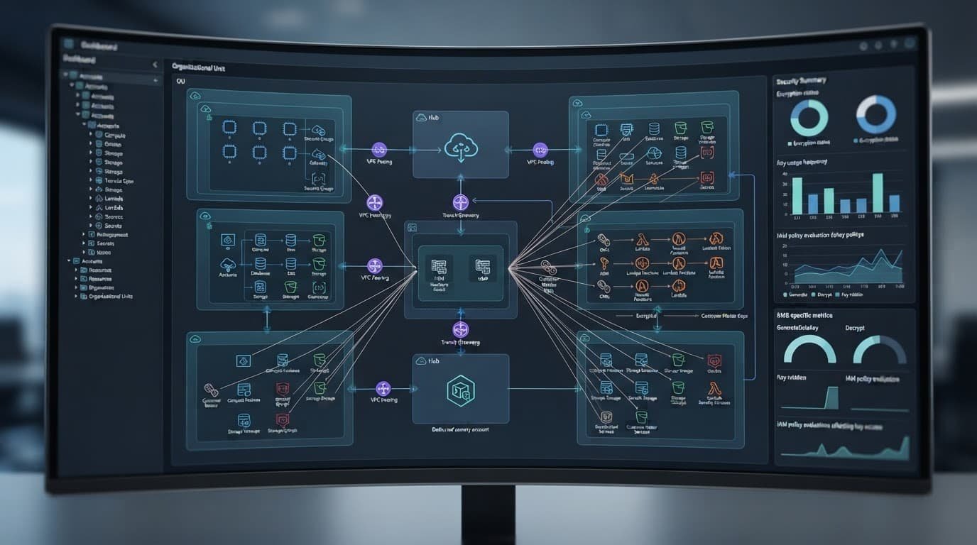 Monitor showing connected cloud accounts, security shields, and key-management diagrams.
