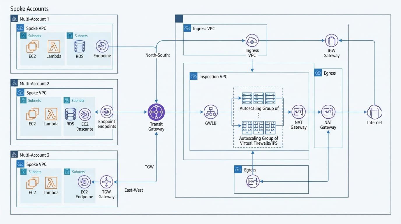 AWS Network Firewall Pricing for Multi-Account Networks 2 Cloud account nodes connect through a centralized security inspection layer.