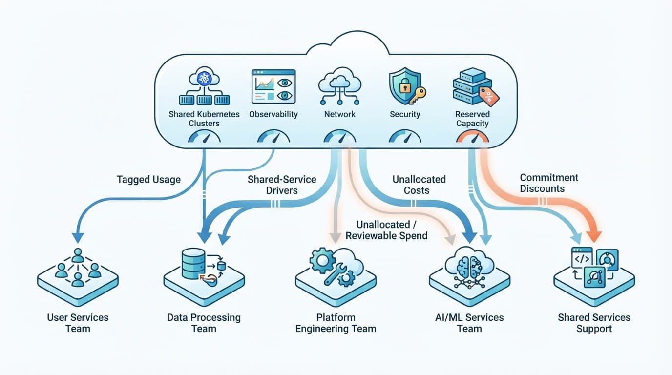 FinOps Chargeback Showback for Shared Cloud Platforms 2 Cloud services flow through allocation paths to five abstract team nodes.
