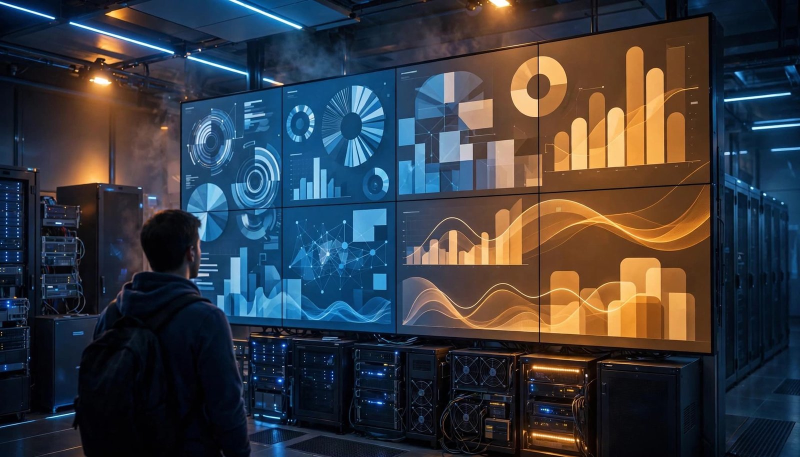 BigQuery Pricing for High-Volume Teams in 2026 1 A data engineer reviews abstract charts on a wall display in a blue-lit data center.