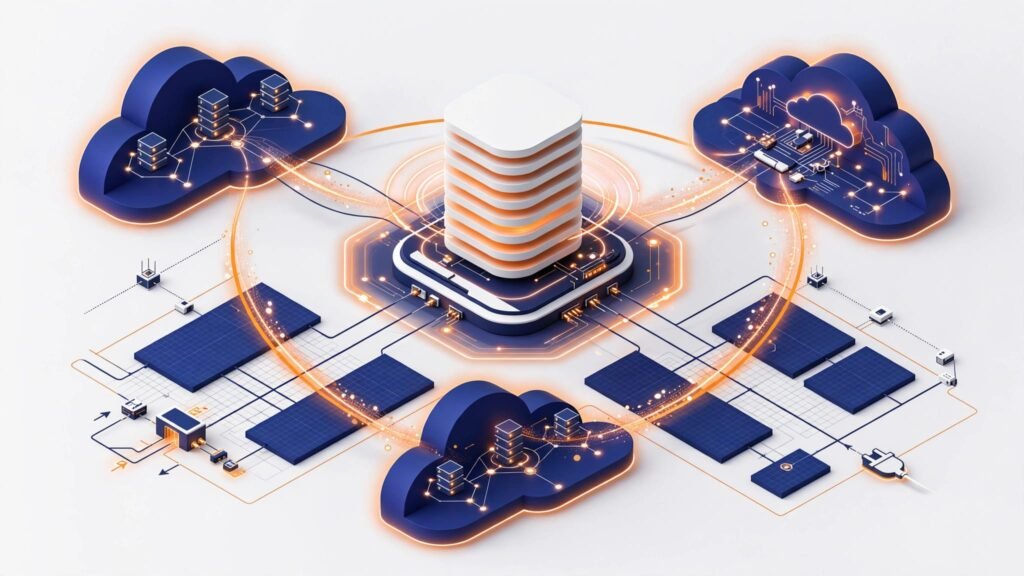 A central container registry connects three regional cloud hubs and secure network paths.