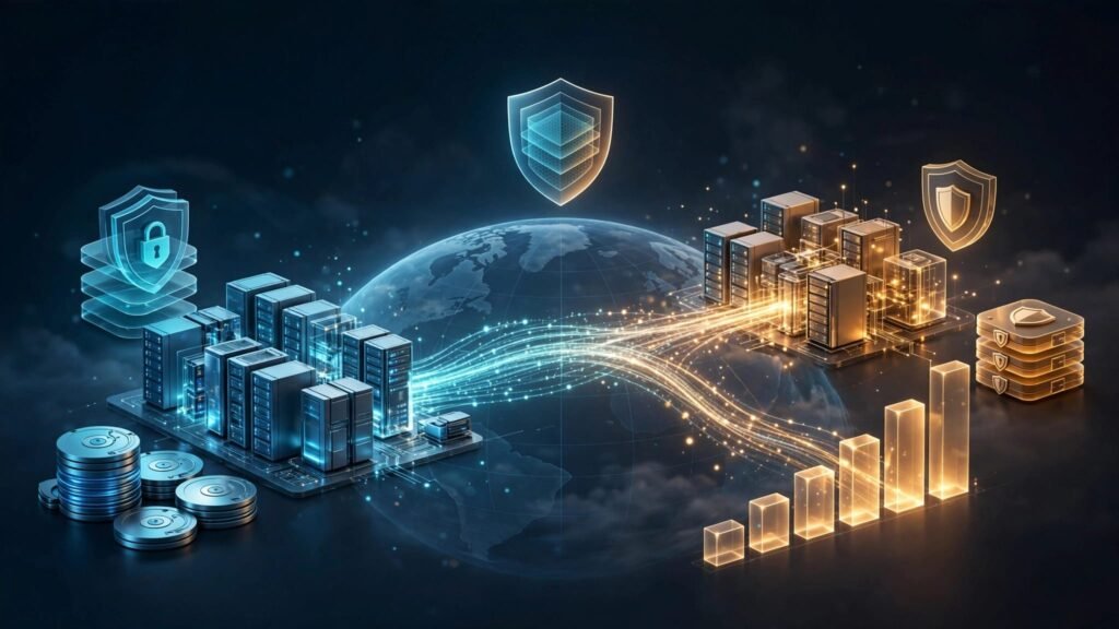 Two glowing data centers connected across a globe with backup vaults and rising cost bars.