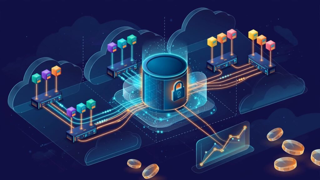 Colorful Kubernetes pods connect to shared cloud storage with coins and a cost graph.