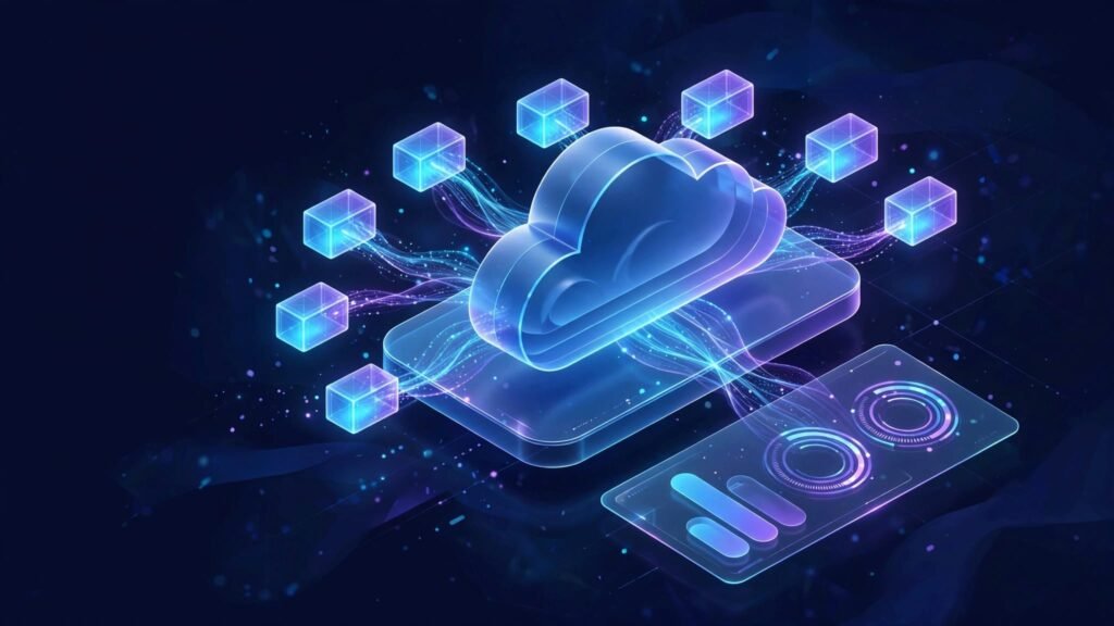 Blue cloud platform with glowing containers, data streams, and abstract cost gauges.
