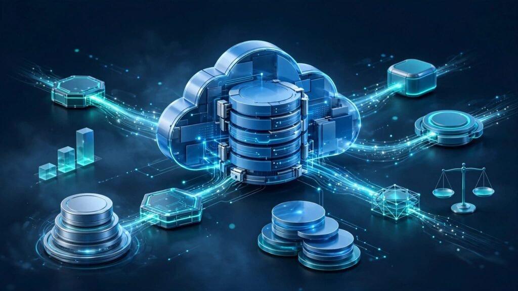 Azure cloud database connected to tenant nodes, charts, backups, and cost symbols.