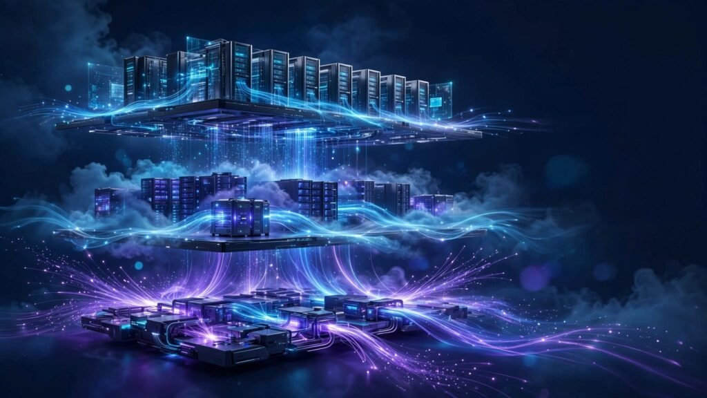 Futuristic server racks with blue data streams crossing three glowing cloud layers.