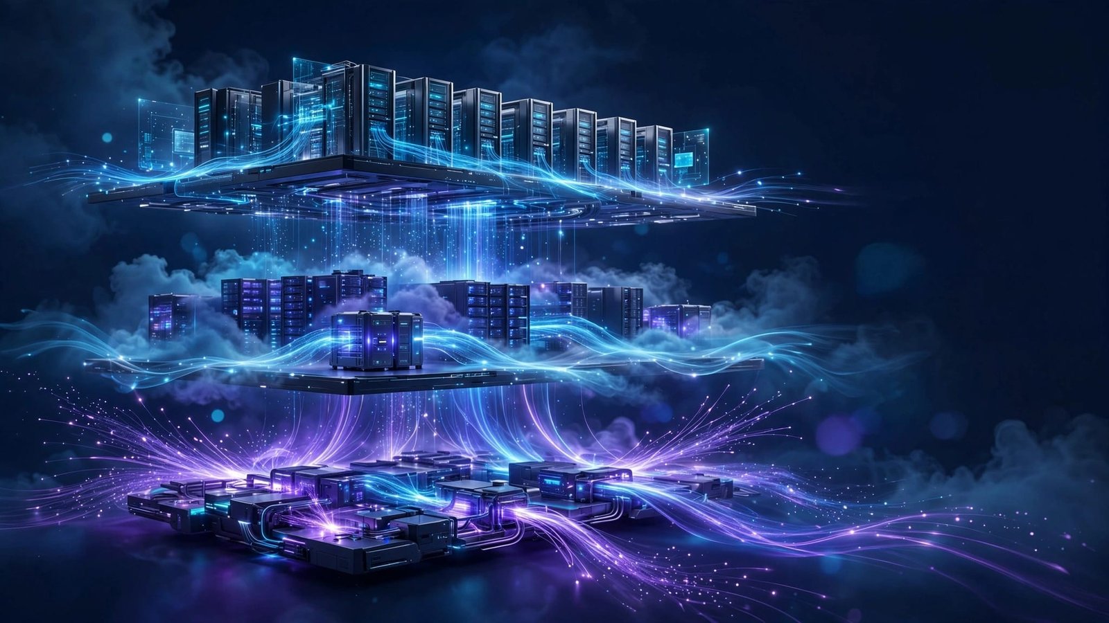 Futuristic server racks with blue data streams crossing three glowing cloud layers.