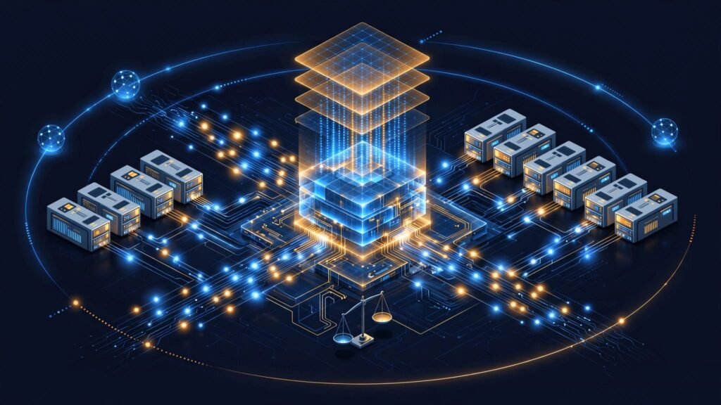 Glowing database connected to server nodes with flowing data and regional links.