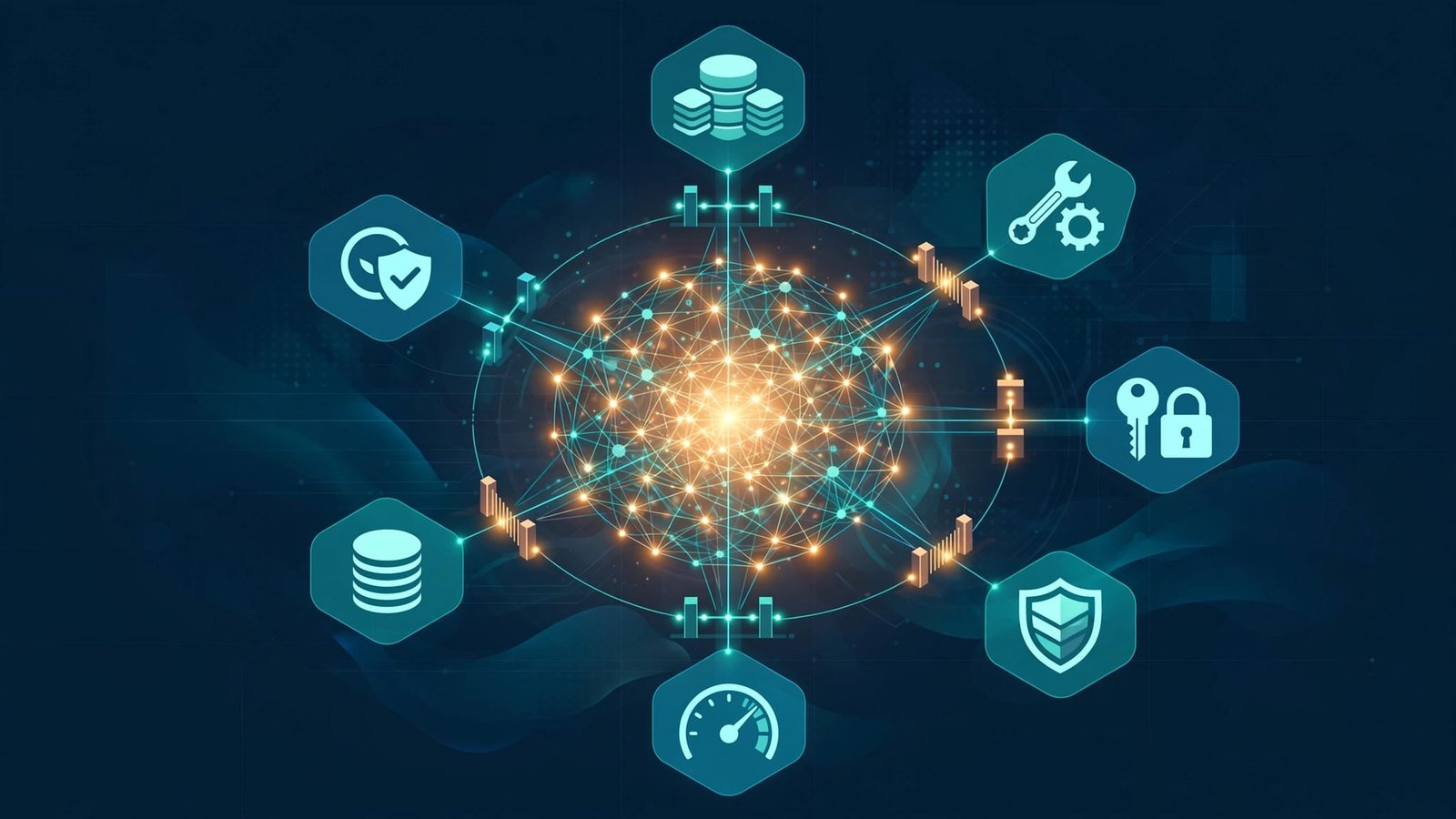 A glowing neural network connects to checkpoint nodes in a navy control room.